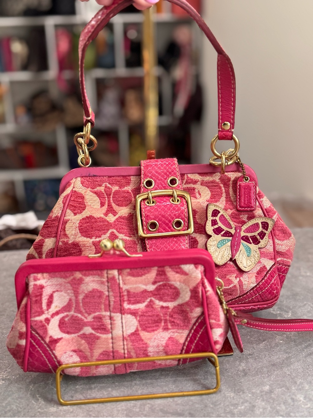 Coach Pink Python Chenille Mini Kisslock Frame Bag with 🦋 Matching Wristlet